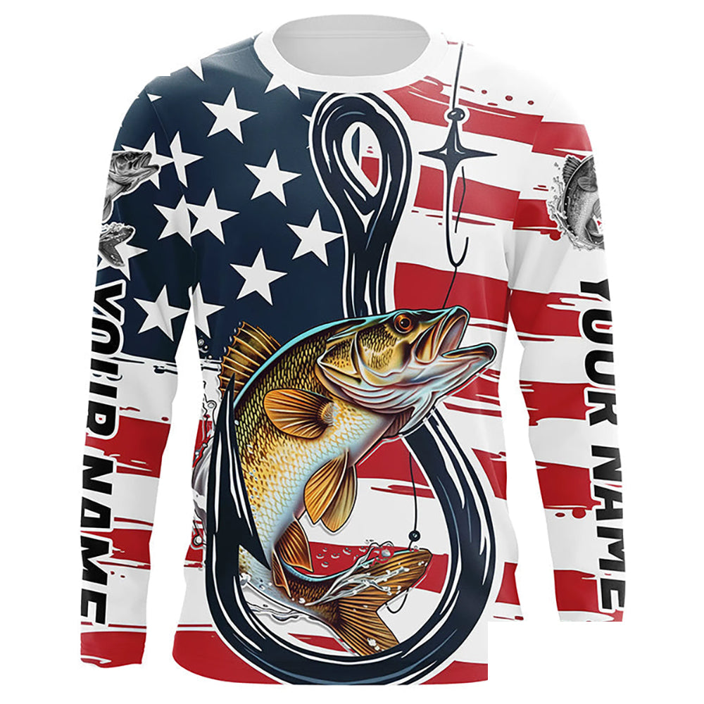 US Flag Fish Hook Custom Patriotic Walleye Long Sleeve Fishing Shirts, Walleye Fishing Jerseys IPHW7957
