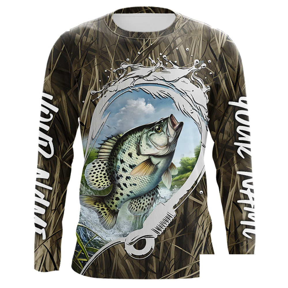 Custom Crappie Long Sleeve Tournament Fishing Shirts, Camo Fish Hook Crappie Fishing Jerseys IPHW8152
