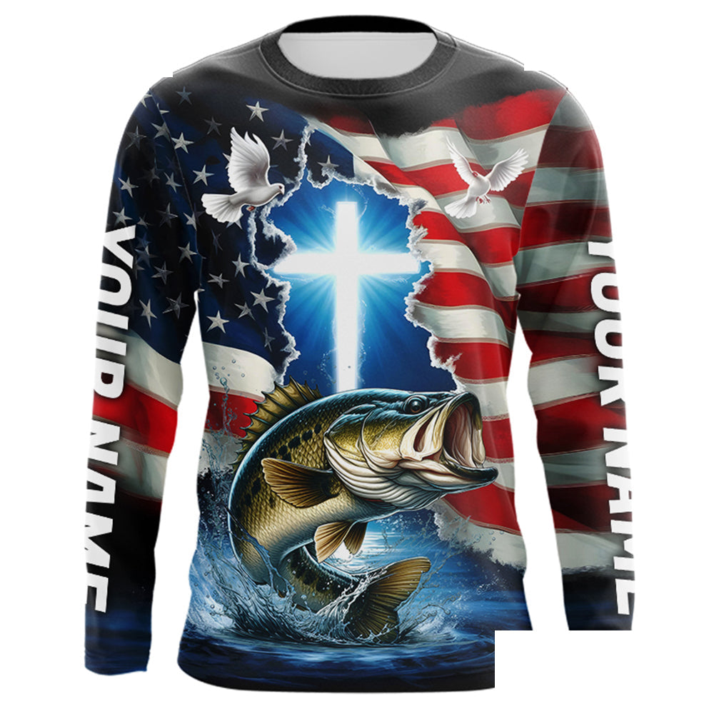 Custom Faith Largemouth Bass Patriotic Long Sleeve Tournament Fishing Shirt, US Fishing Jerseys IPHW8176