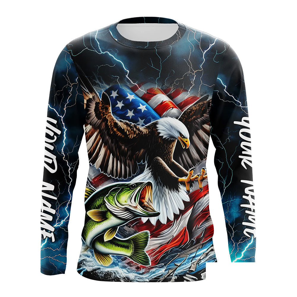 Blue Thunder Lightning US Flag Eagle Custom Patriotic Largemouth Bass Long Seeve Fishing Shirts IPHW8170