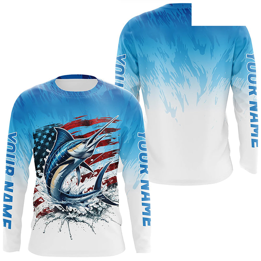 Custom Patriotic Marlin Long Sleeve Fishing Shirts, American Flag Marlin Saltwater Fishing Shirt IPHW7952