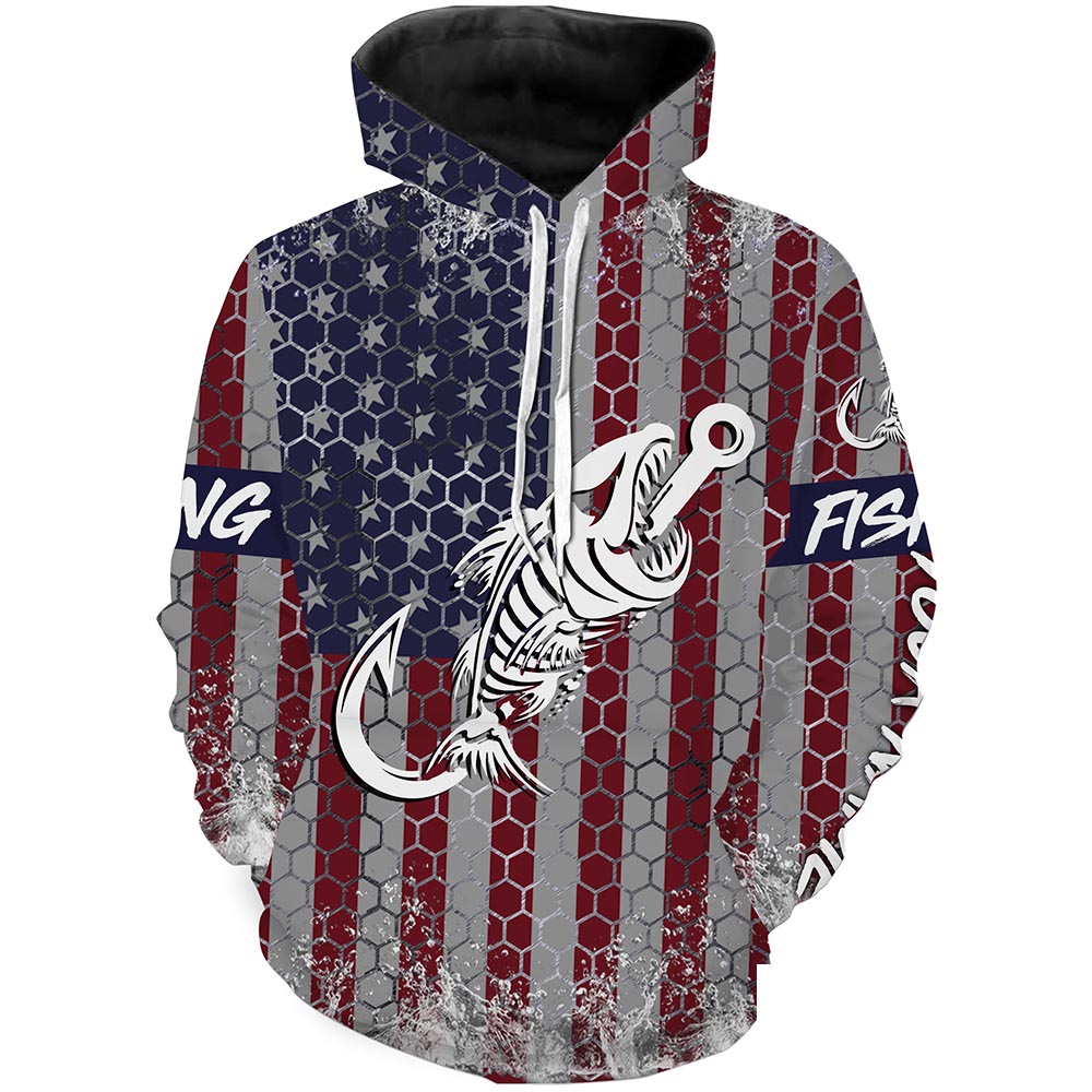 American flag fishing Fish hook skull Custom name fishing jerseys | Hoodie - NPQ813