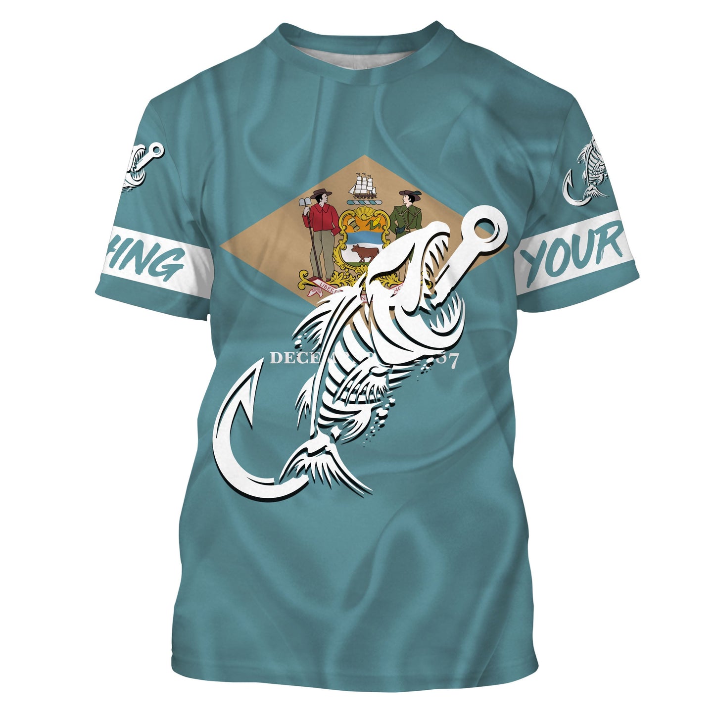 DE Fishing Custom Delaware Flag Fish hook skull Custom name performance fishing Tshirt NPQ727