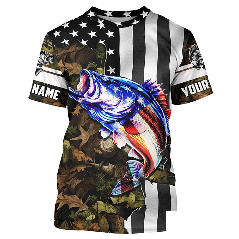 Bass Fishing American Flag black camo Customize All-over Print Unisex fishing T-shirt NPQ88