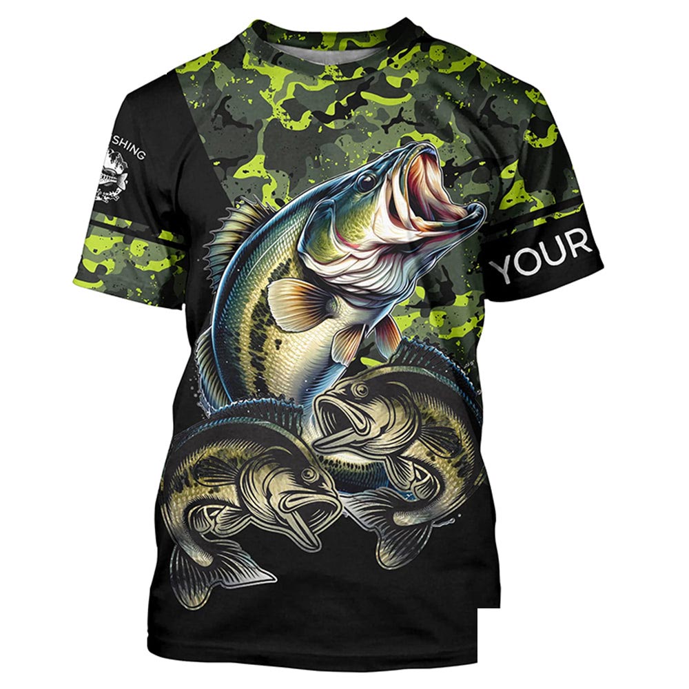 Bass fishing black green camo Custom name fishing shirts jerseys | Tshirt - NPQ925