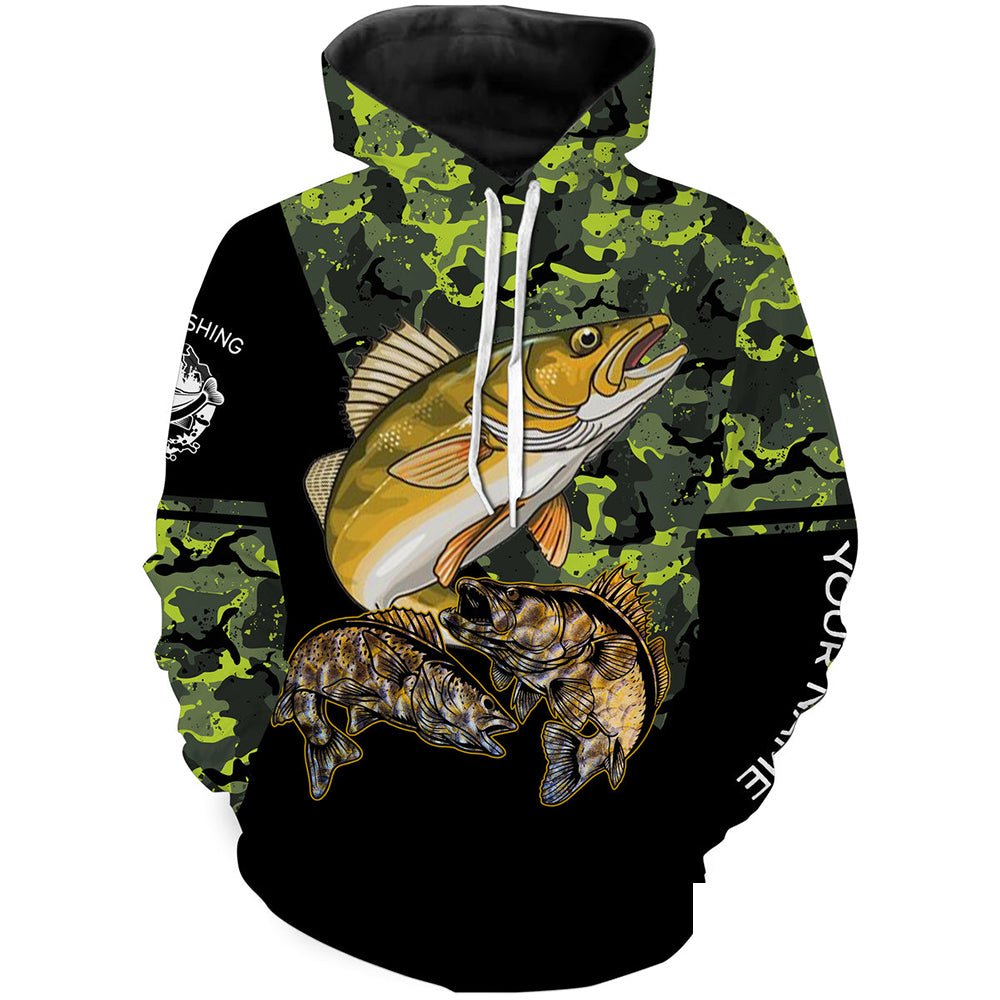 Walleye fishing black green camo Custom name fishing shirts jerseys | Hoodie - NPQ945