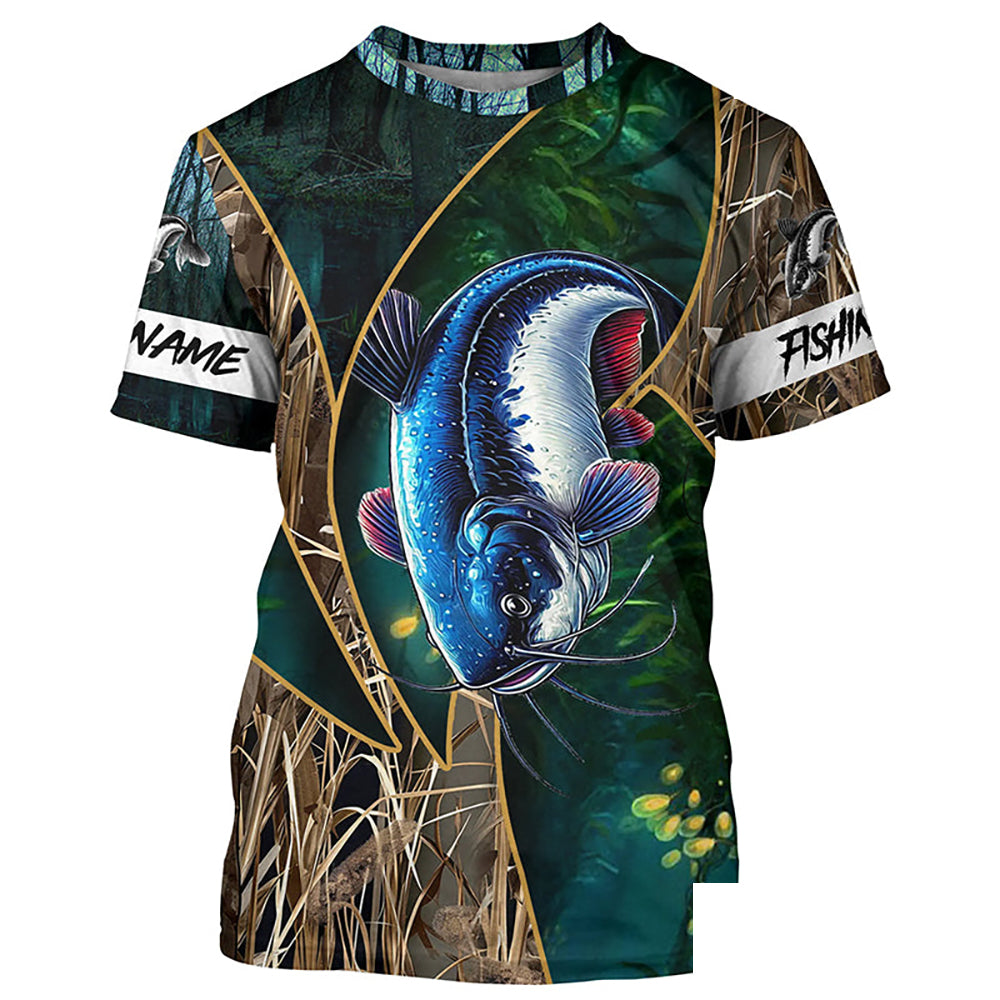 Catfish Fishing camo green Customize Name All-over Print Unisex fishing T-shirt NPQ37