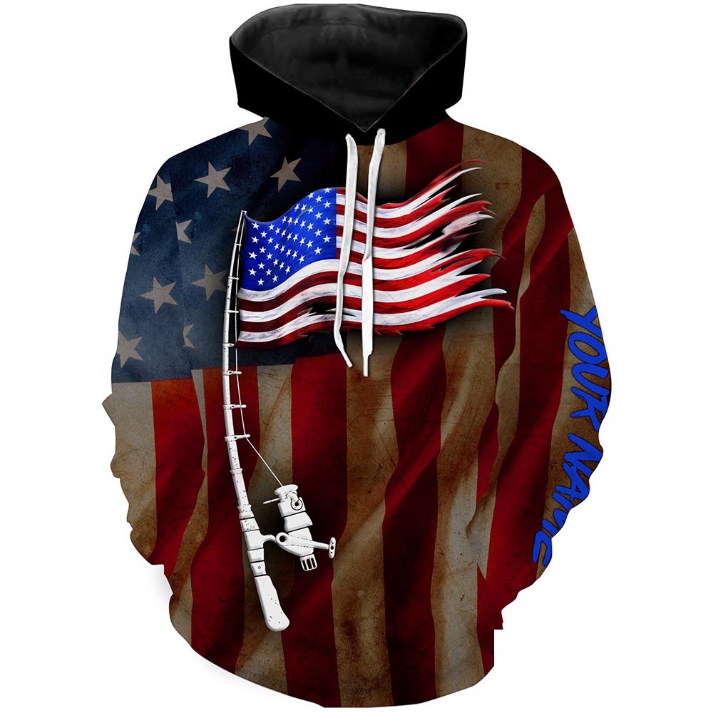 Vintage American flag patriotic fishing rod Custom Fishing Shirts, Gifts for Fisherman | Hoodie - NPQ542