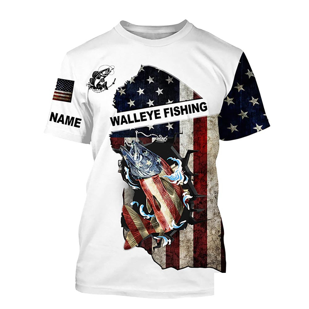 American flag Walleye fishing patriotic fishing Customize Name All-over Print Unisex fishing T-shirt NPQ405