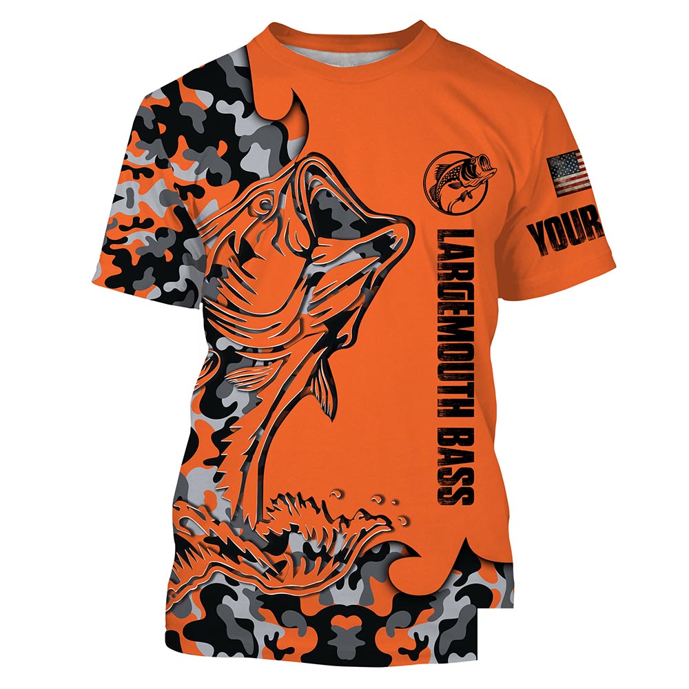Largemouth Bass Fishing Orange Camouflage custom Name All over printed T-shirt, Fishing Apparel - SDF113