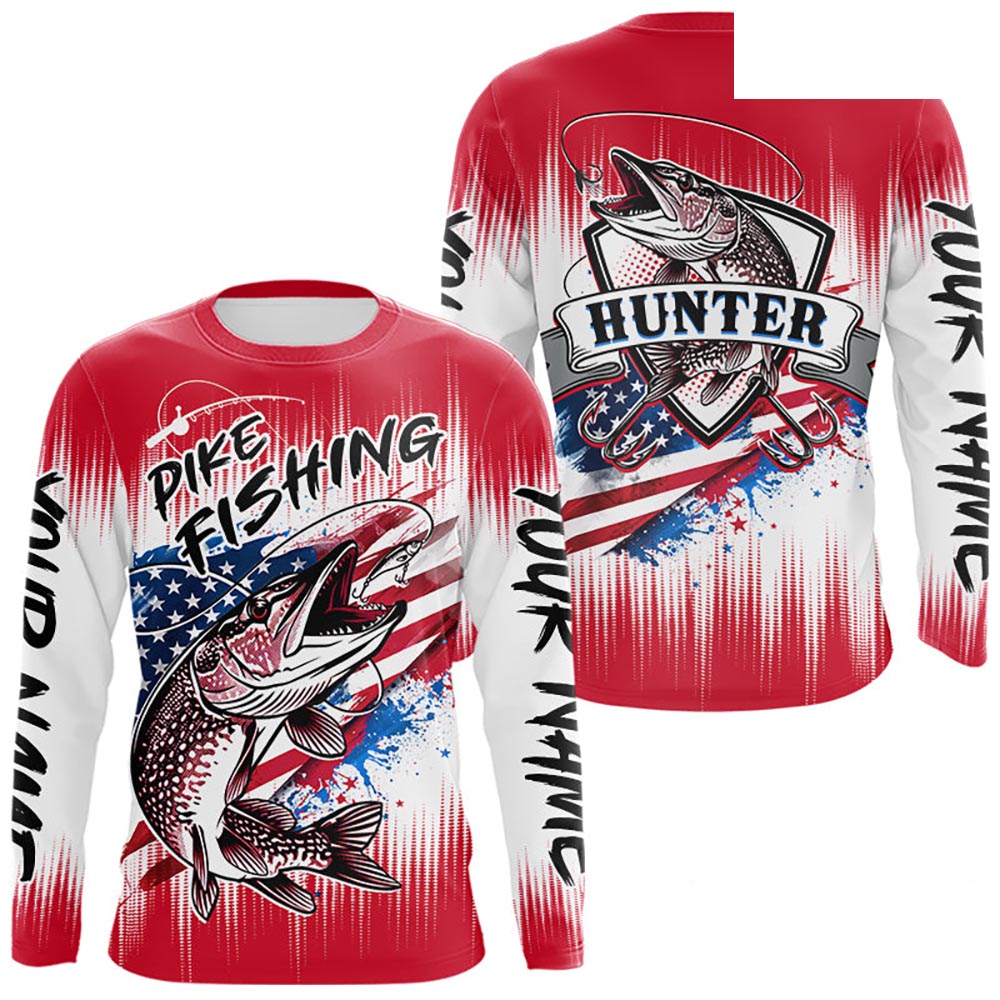 Personalized American Flag Northern Pike Fishing Shirts Long Sleeve, Patriotic Pike Fishing Jerseys|Red NBT656