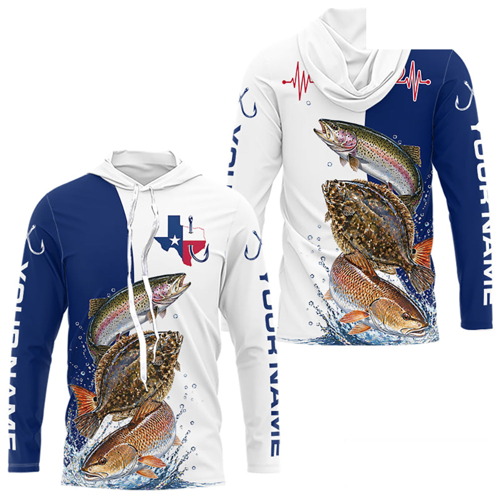 Blue Texas Slam Fishing Custom Performance Team Redfish, Trout, Flounder Long Sleeve Hooded Shirts NBT679