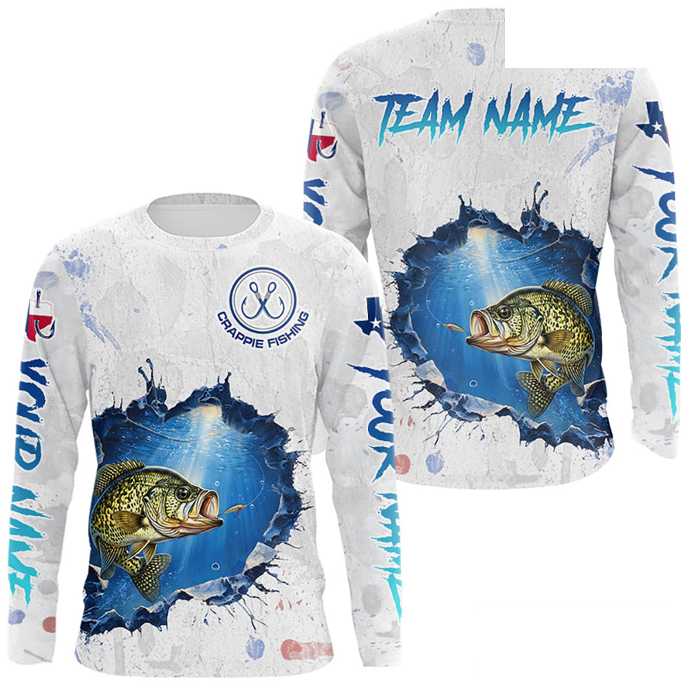 Custom Crappie Fishing Long Sleeve Tournament Shirts, Crappie Fishing Apparel | White NBT682