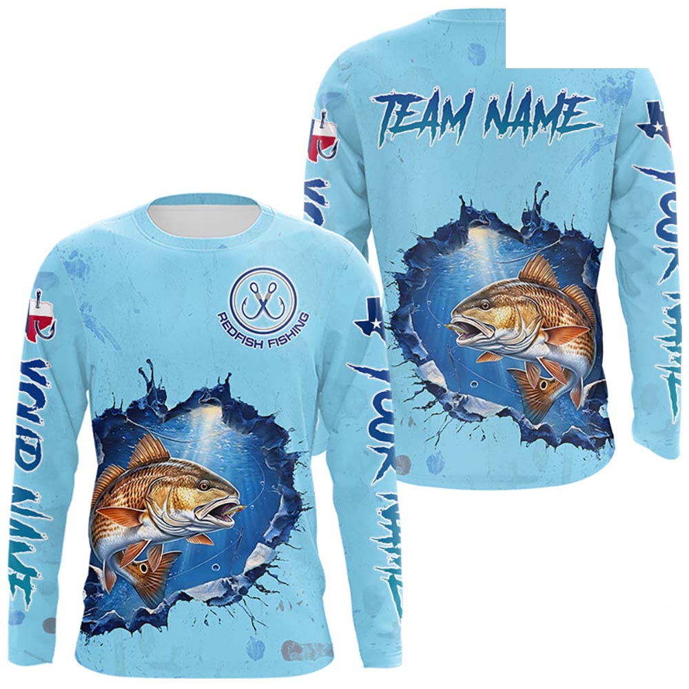 Custom Redfish Fishing Long Sleeve Tournament Shirts, Redfish Saltwater Fishing Apparel | Blue NBT686