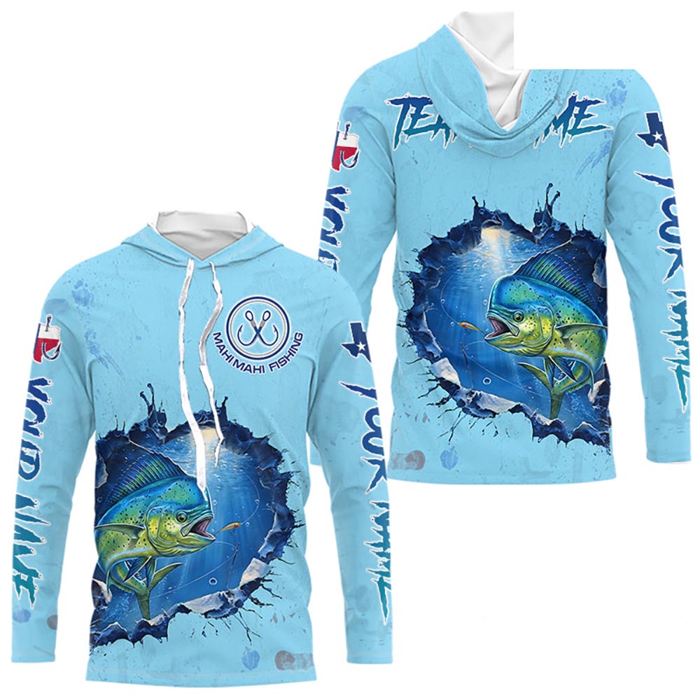 Custom Mahi Mahi Fishing Tournament Long Sleeve Hooded Shirts, Mahi Mahi Saltwater Fishing Apparel | Blue NBT687