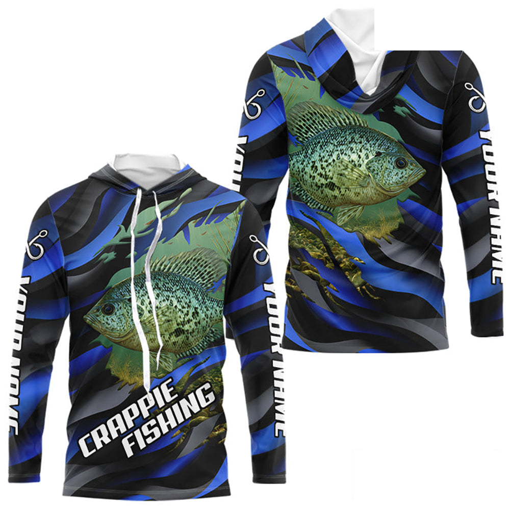Custom Crappie Fishing Blue Camo Long Sleeve Hooded Fishing Shirts, Crappie Fishing Shirts NBT390