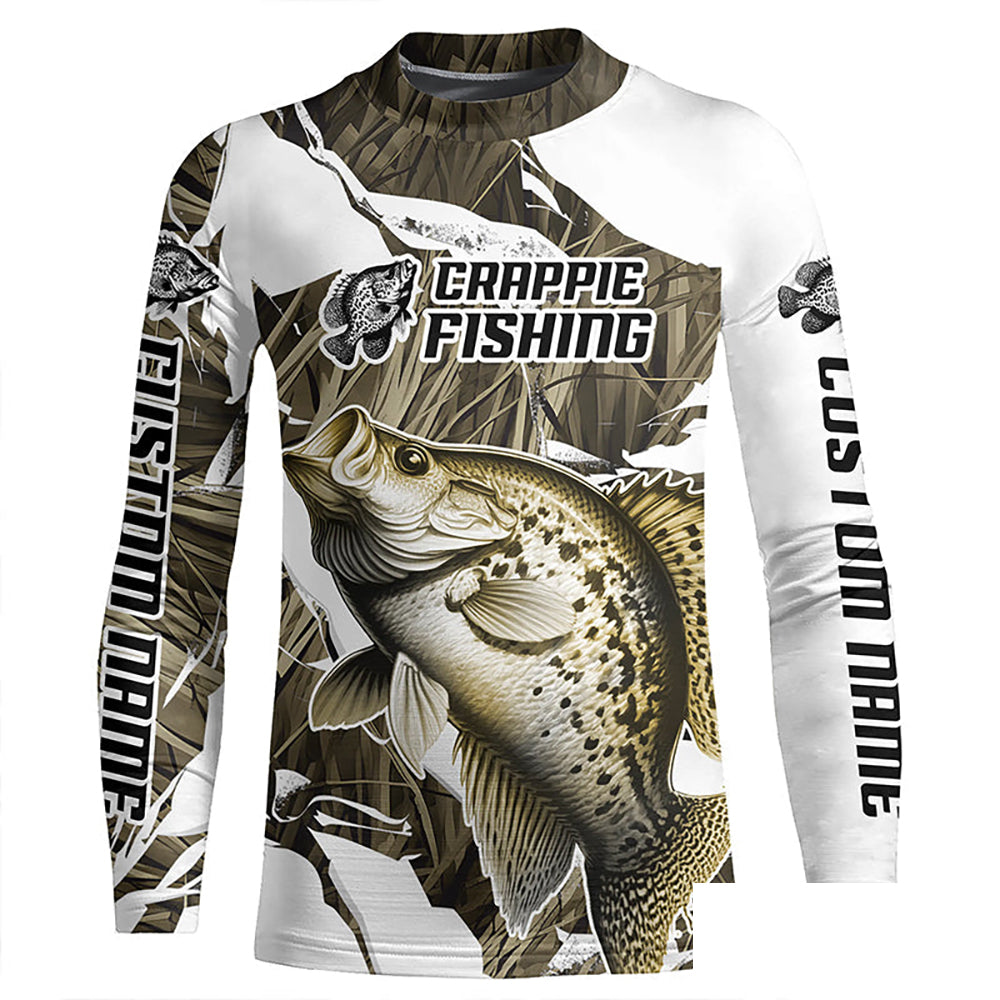 Grass Camo Custom Crappie Fishing Long Sleeve Tournament Fishing Shirts, Crappie Fishing Apparel IPHW6460