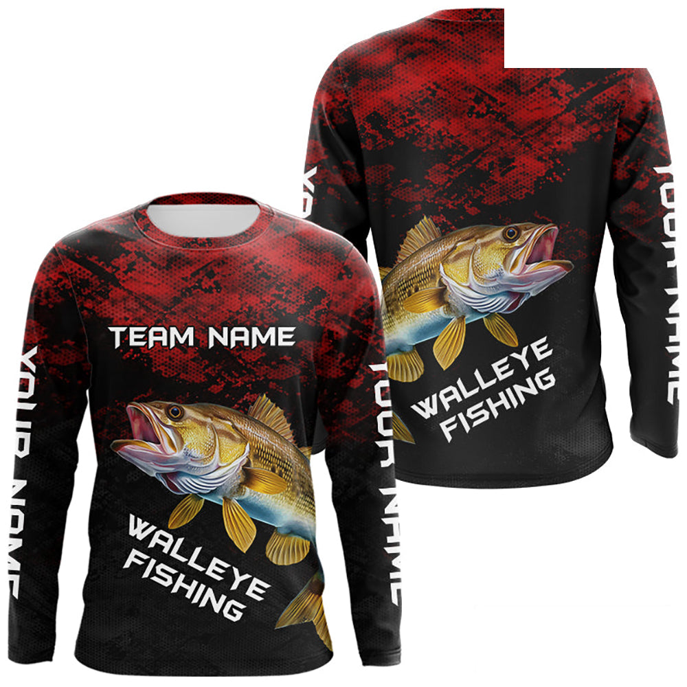Personalized Walleye Long Sleeve Fishing Shirts Red Camo Custom Name Walleye Fishing Shirts NBT371