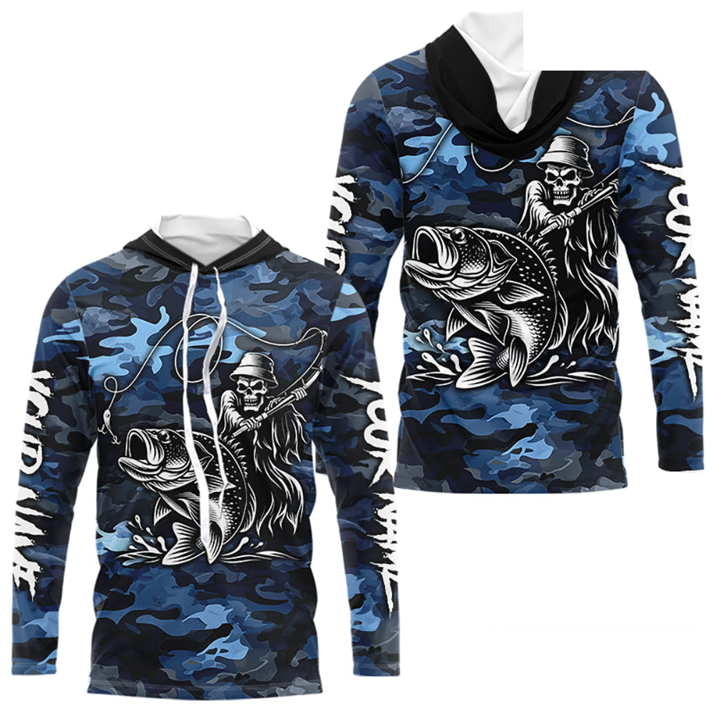 Reaper Fishing Largemouth Bass Long Sleeve Hooded Fishing Shirts Blue Camo, Camo Fishing Shirt NBT391