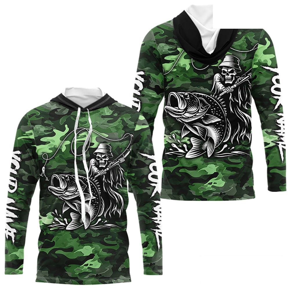 Reaper Fishing Largemouth Bass Long Sleeve Hooded Fishing Shirts Green Camo, Camo Fishing Shirt NBT392
