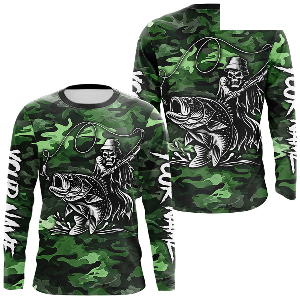 Reaper Fishing Largemouth Bass Long Sleeve Fishing Shirts Green Camo, Camo Fishing Shirt NBT392