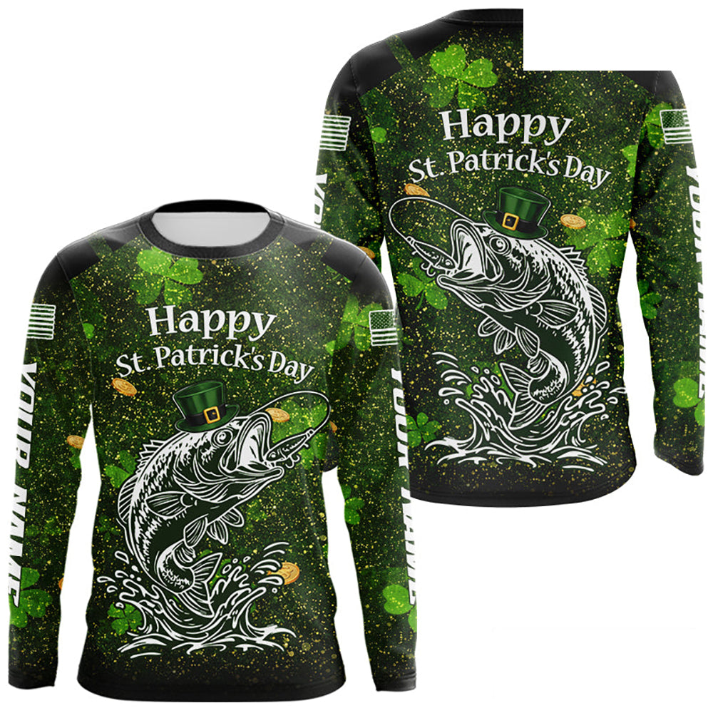 Custom St Patrick's Day American Flag Bass Long Sleeve Fishing Shirts, Patriotric Bass Fishing Jerseys NBT381
