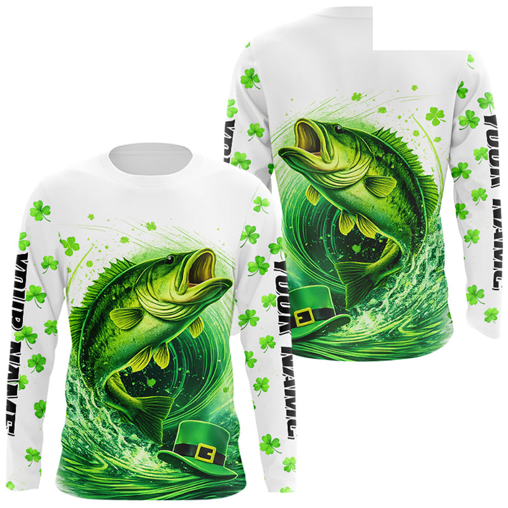 Personalized St Patrick's Day Shirts Largemouth Bass Fishing Long Sleeve, Custom Bass Fishing Jerseys NBT383