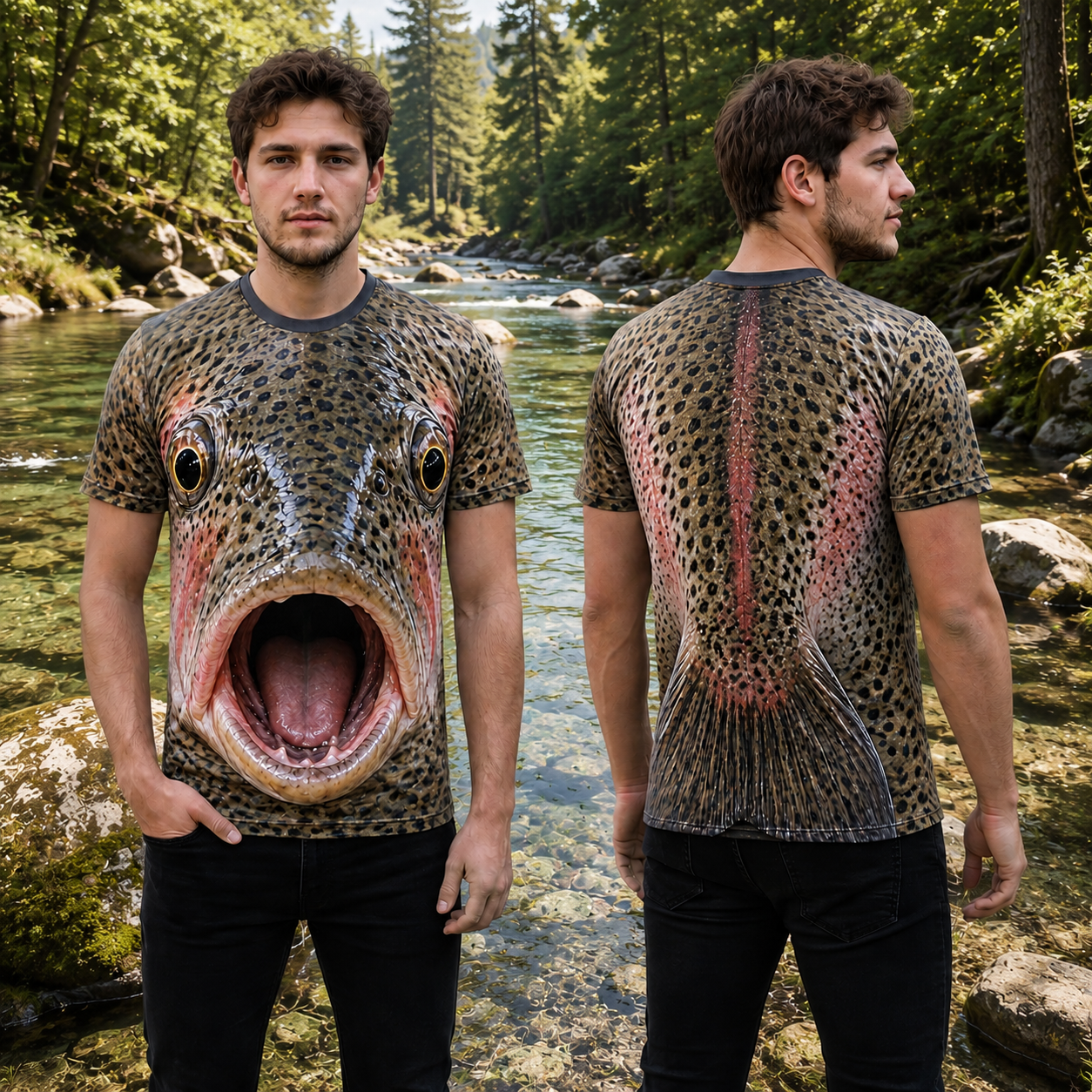 Funny 3D Trout T-Shirt, Realistic Fish Face All Over Print Shirt for Fishing Anglers
