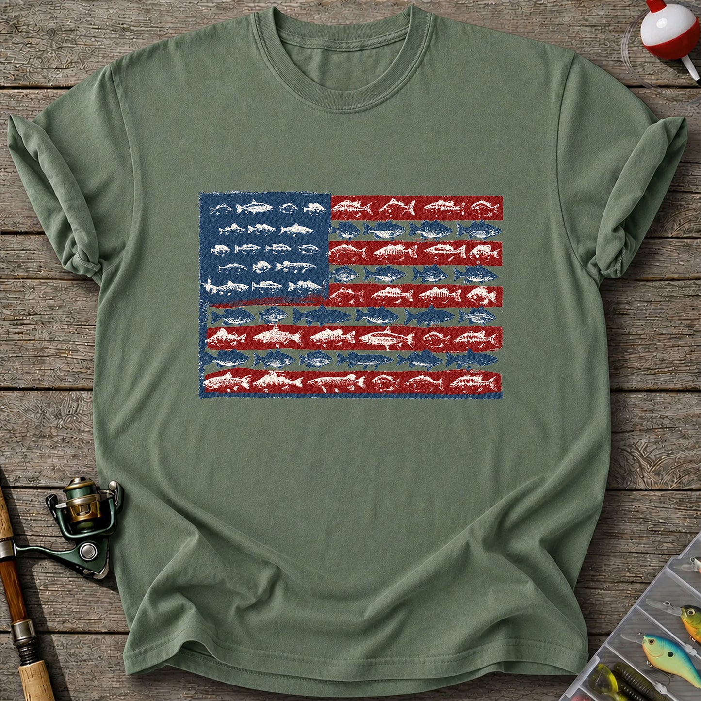 American Flag Made of Fish Patriotic Fishing Graphic T-Shirt