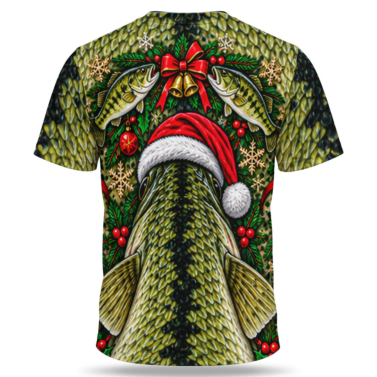 Santa Hat Bass Face and Holiday Greenery 3D Fishing T-Shirt