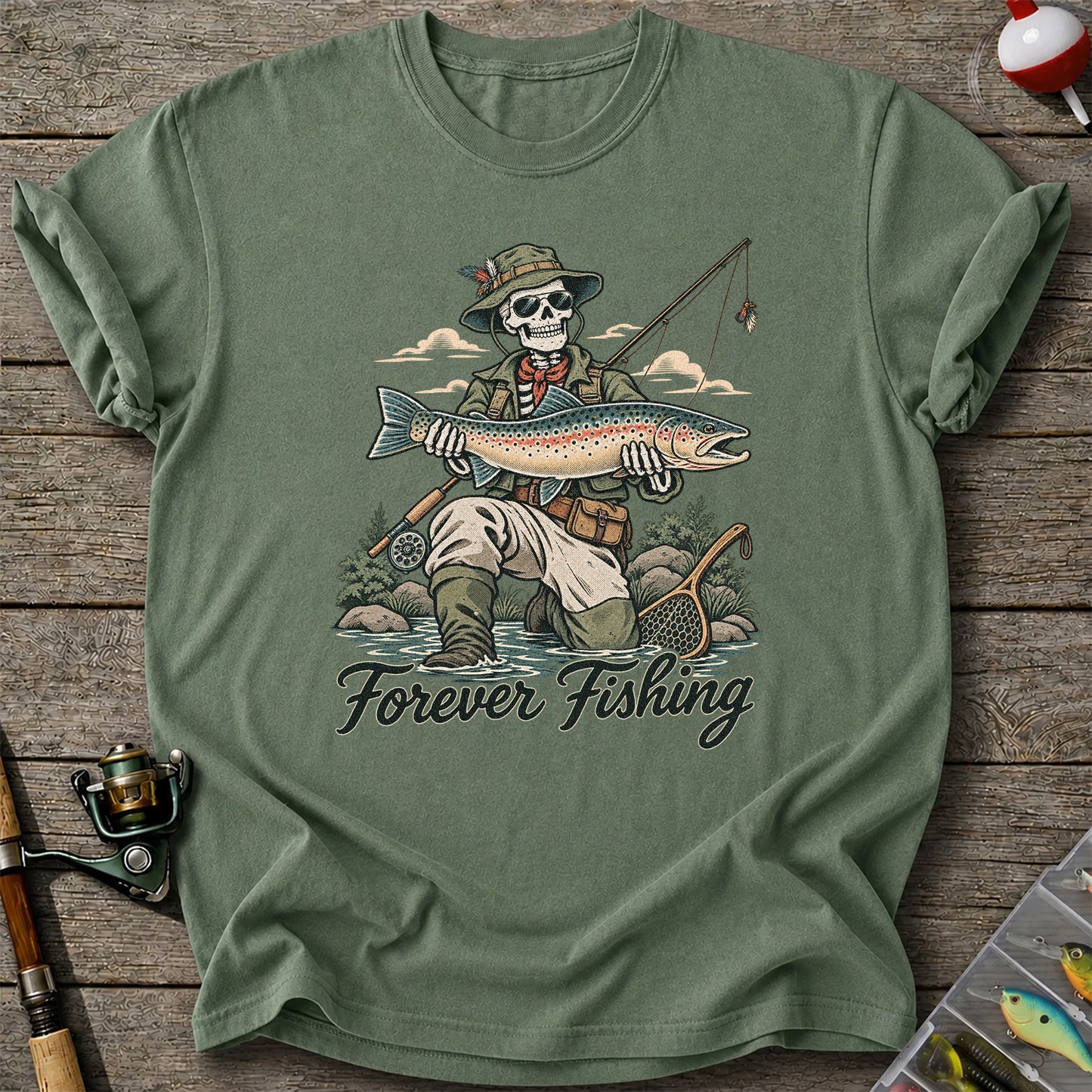 Forever Fishing Skeleton Angler Holding Rainbow Trout Graphic T-Shirt