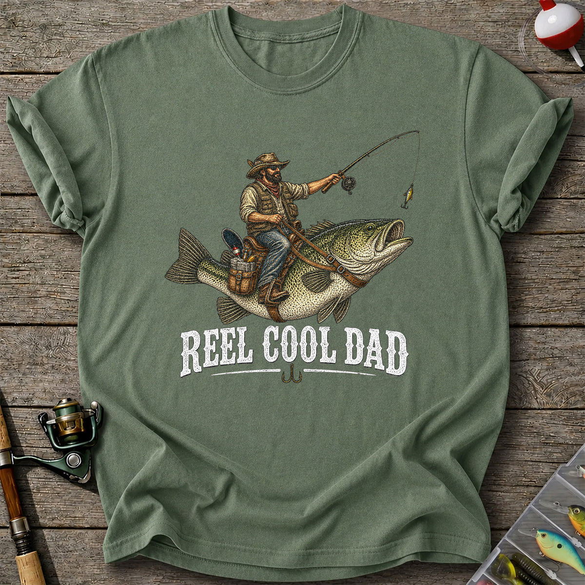 Reel Cool Dad Cowboy Riding a Bass Fishing Graphic T-Shirt