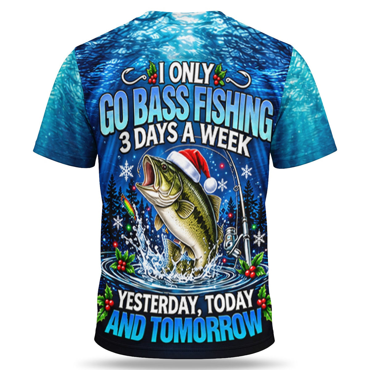 Santa Hat Bass Fishing in Blue Water 3D T-Shirt
