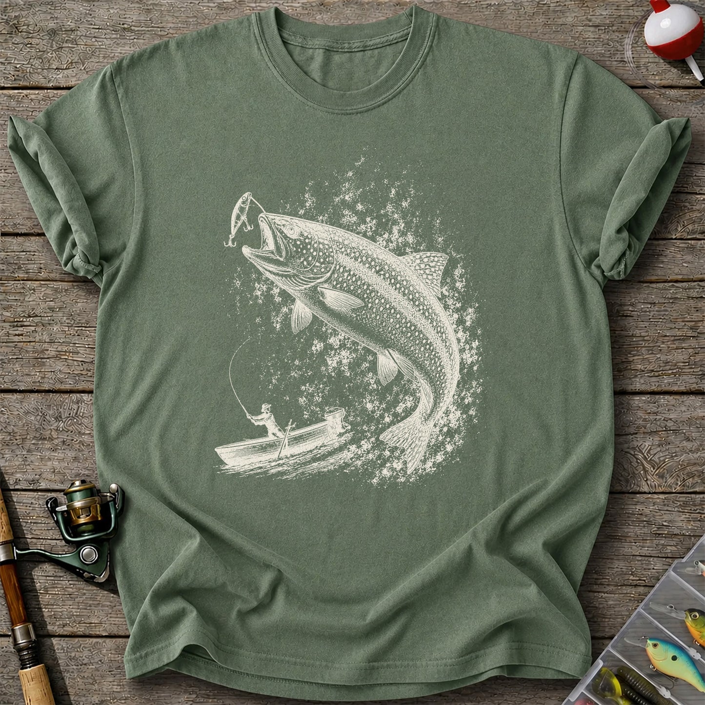 Leaping Trout Striking Lure from Fishing Boat Graphic T-Shirt