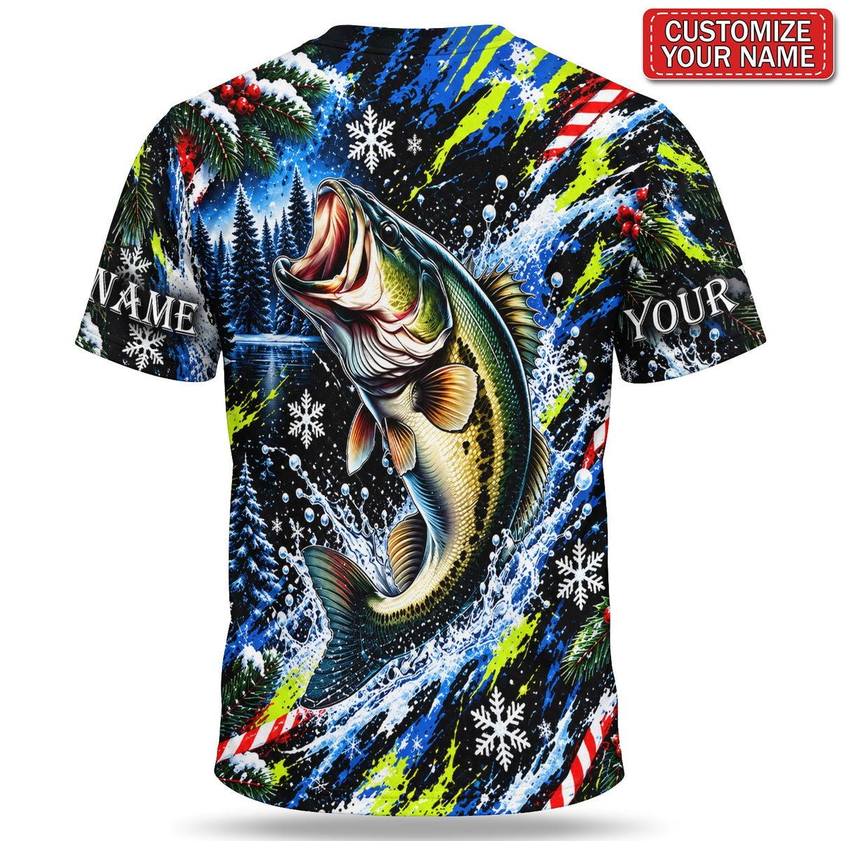 Personalized Jumping Bass and Snowflakes Christmas Fishing T-Shirt