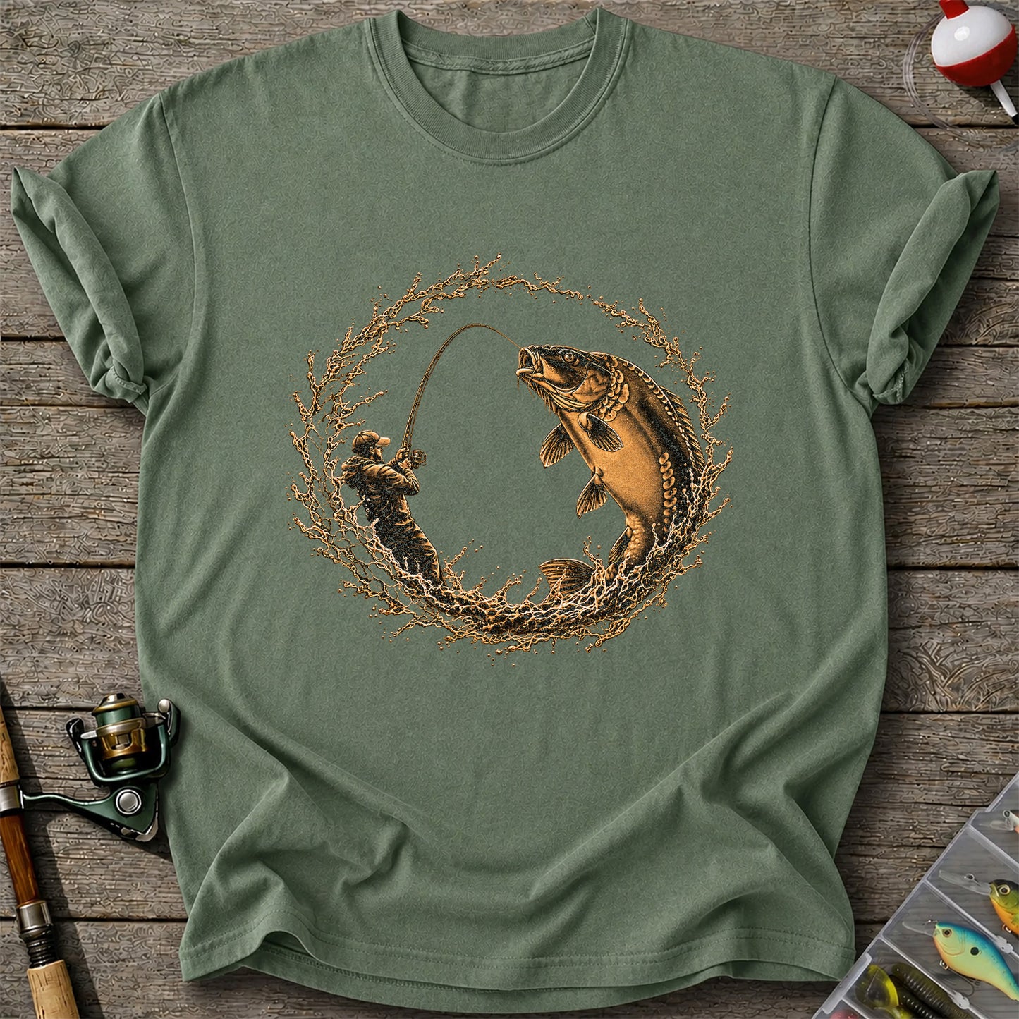 Carp Angler in Circular Water Splash Fishing Graphic T-Shirt