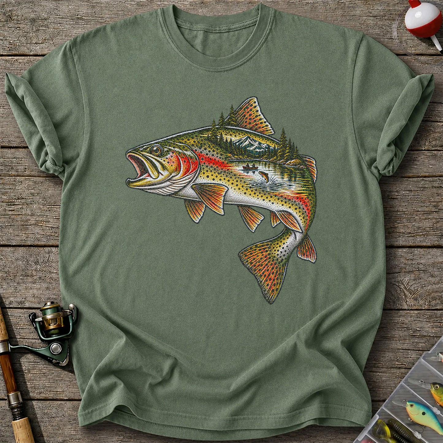 Rainbow Trout Mountain Lake Fishing Scene Graphic T-Shirt