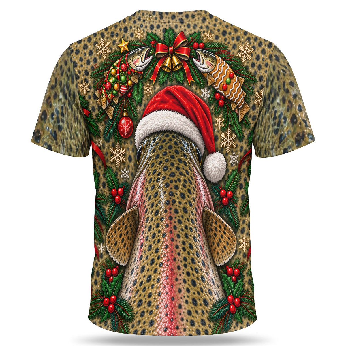 Santa Rainbow Trout and Christmas Ornaments 3D Fishing T-Shirt