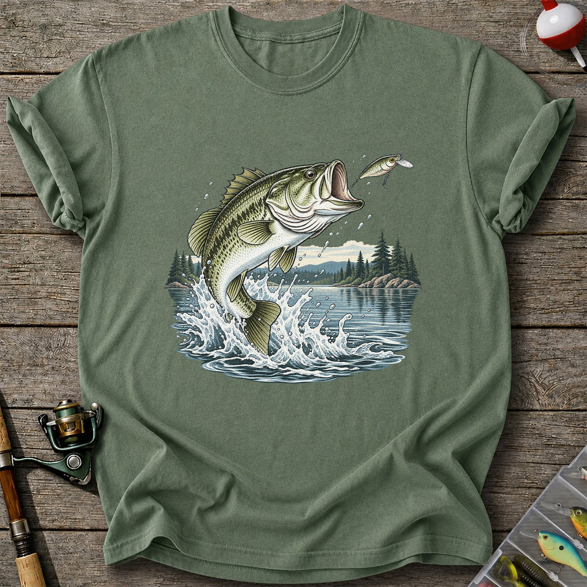 Jumping Largemouth Bass Chasing a Lure Lake Fishing Graphic T-Shirt