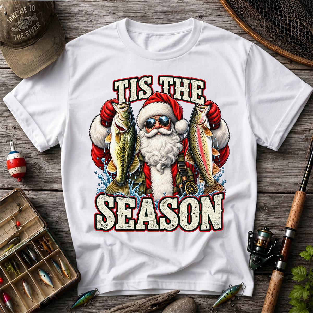 Tis the Season Santa Holding Bass and Rainbow Trout Christmas Fishing T-Shirt
