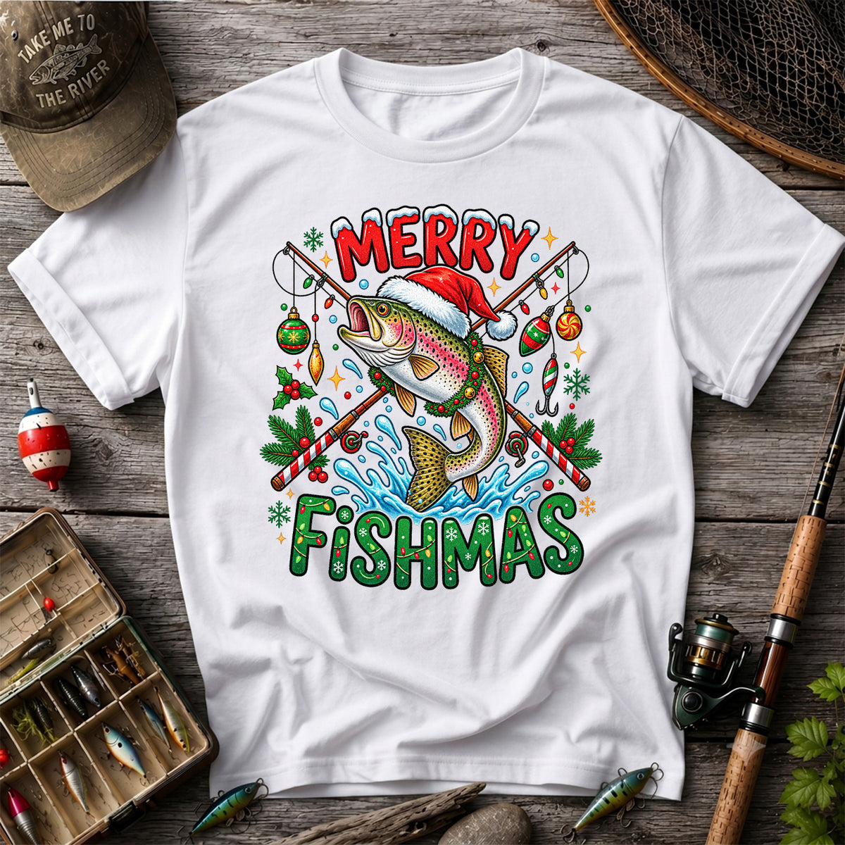Merry Fishmas Santa Trout Christmas Fishing Graphic T-Shirt