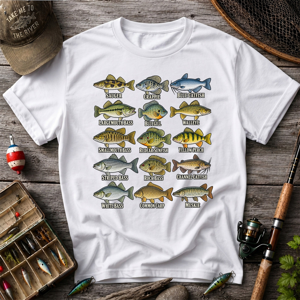 Bass Crappie and Catfish Freshwater Fish Chart Graphic T-Shirt