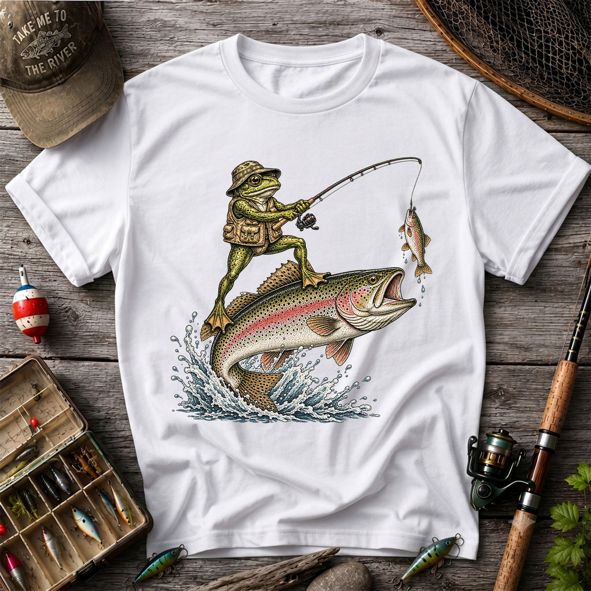 Frog Angler Riding a Rainbow Trout Fishing Graphic T-Shirt