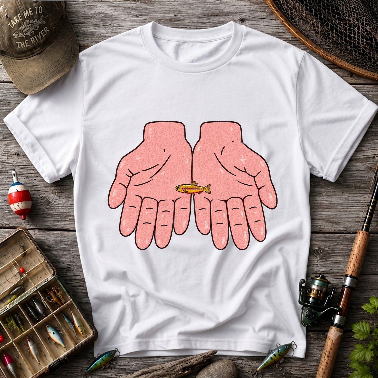 Tiny Rainbow Trout in Two Hands Cute Fishing Graphic T-Shirt