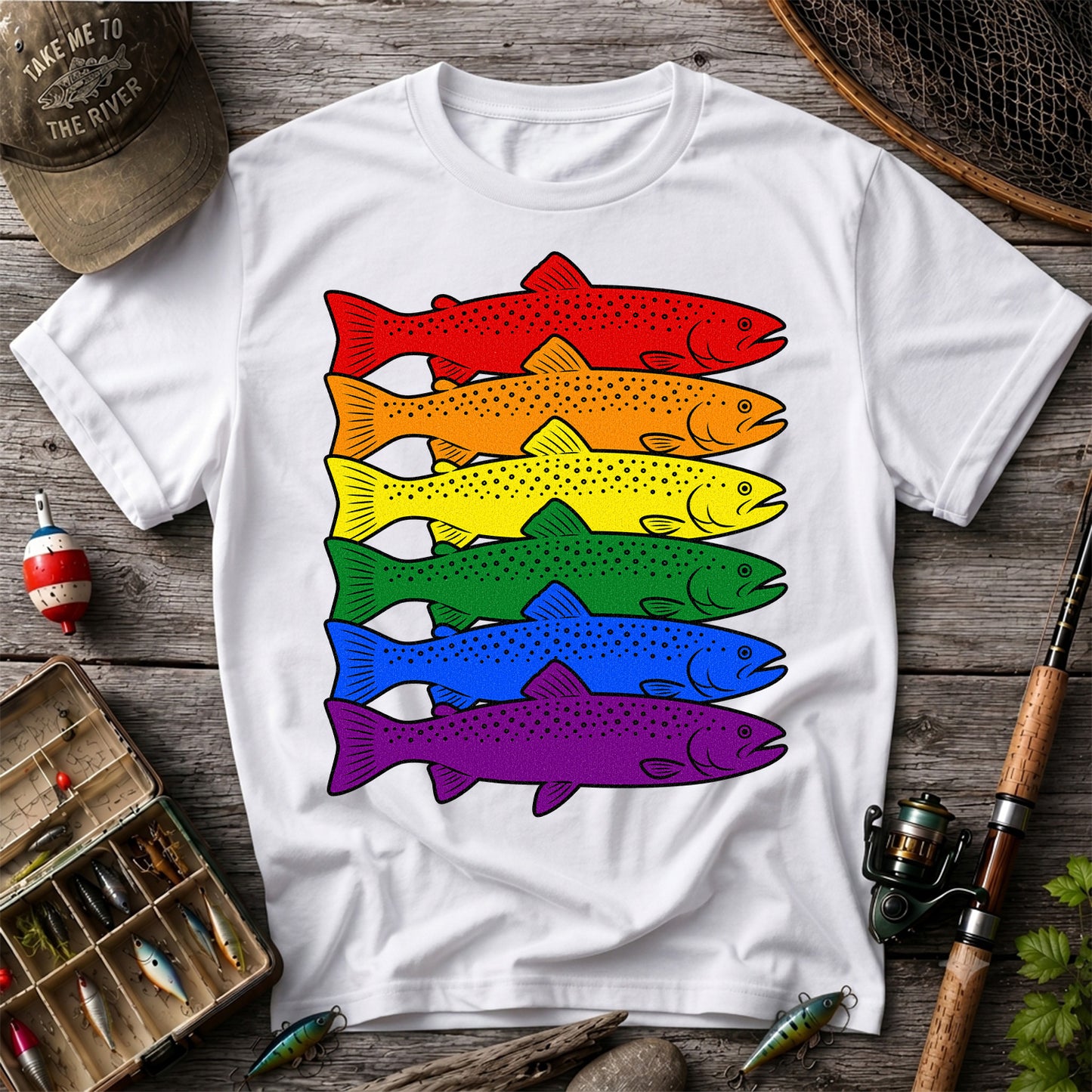 Rainbow Colored Trout Stack Fishing Graphic T-Shirt