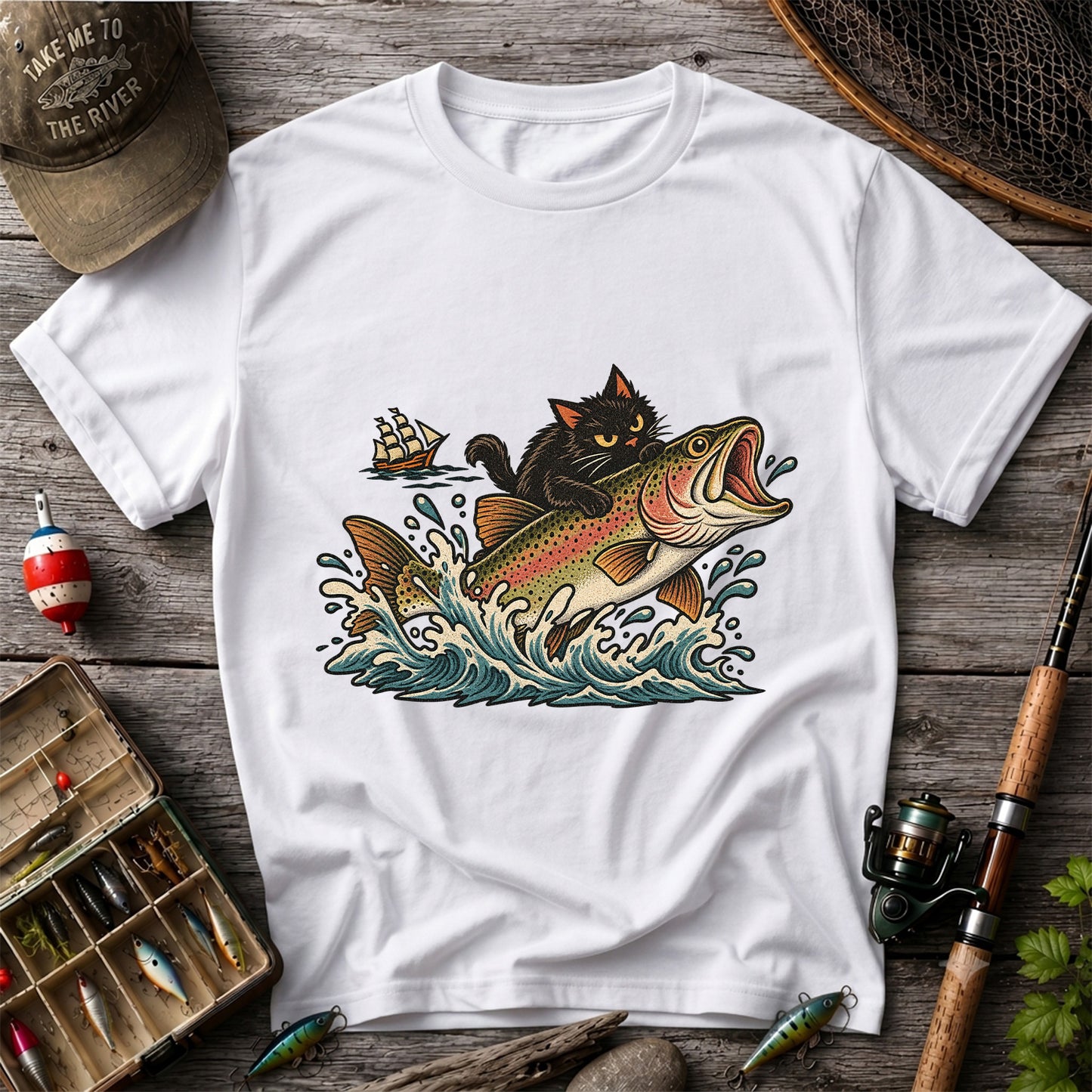 Black Cat Riding a Trout Ocean Wave Fishing Graphic T-Shirt