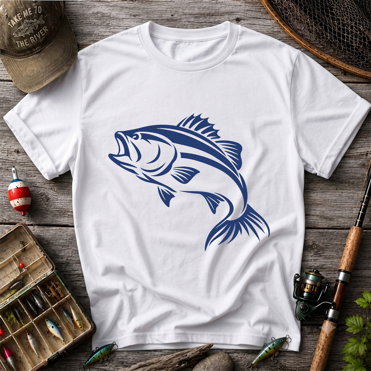 Blue Bass Fishing Line Art Graphic T-Shirt