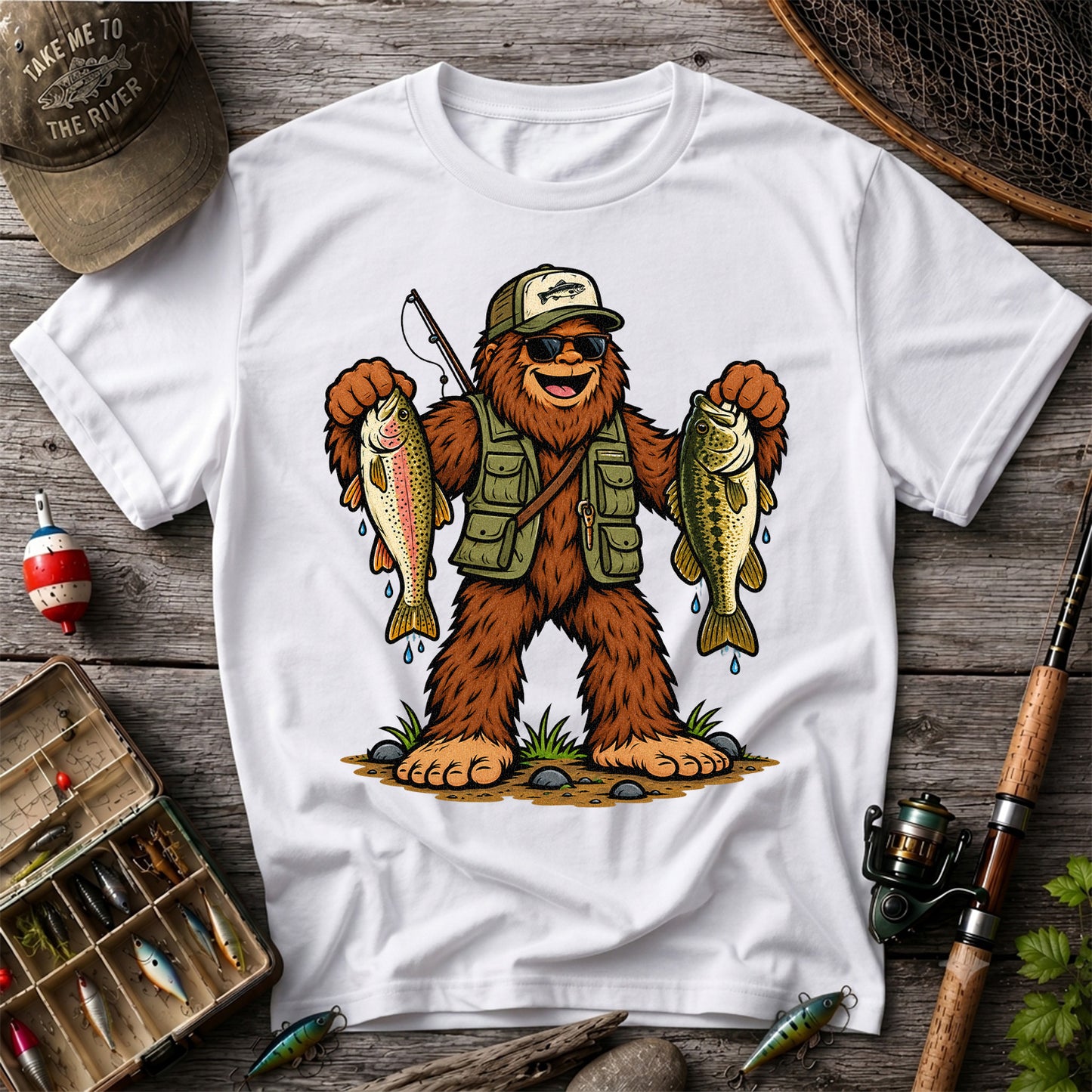 Bigfoot Holding Rainbow Trout and Bass Fishing Graphic T-Shirt