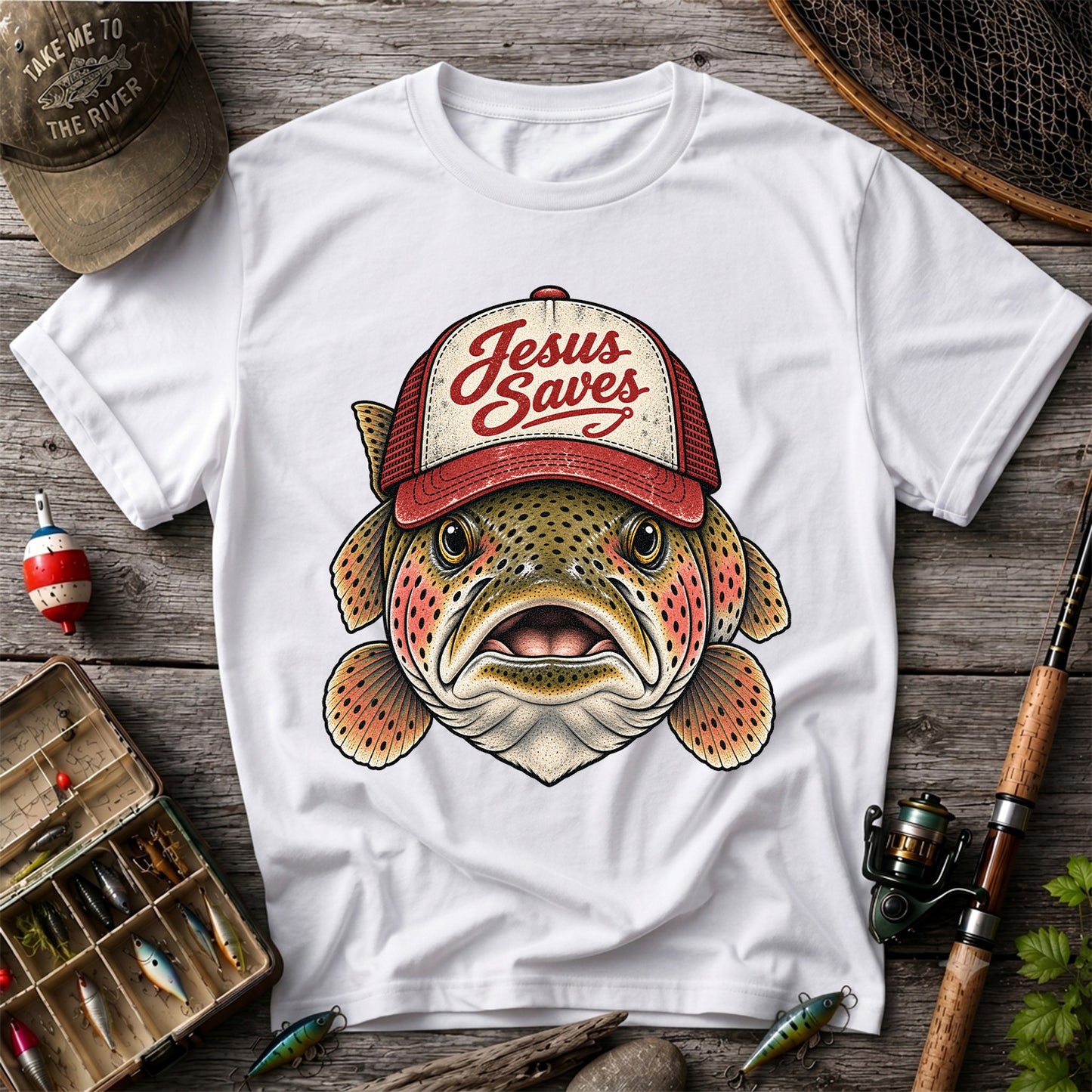 Jesus Saves Rainbow Trout in a Trucker Hat Fishing T-Shirt