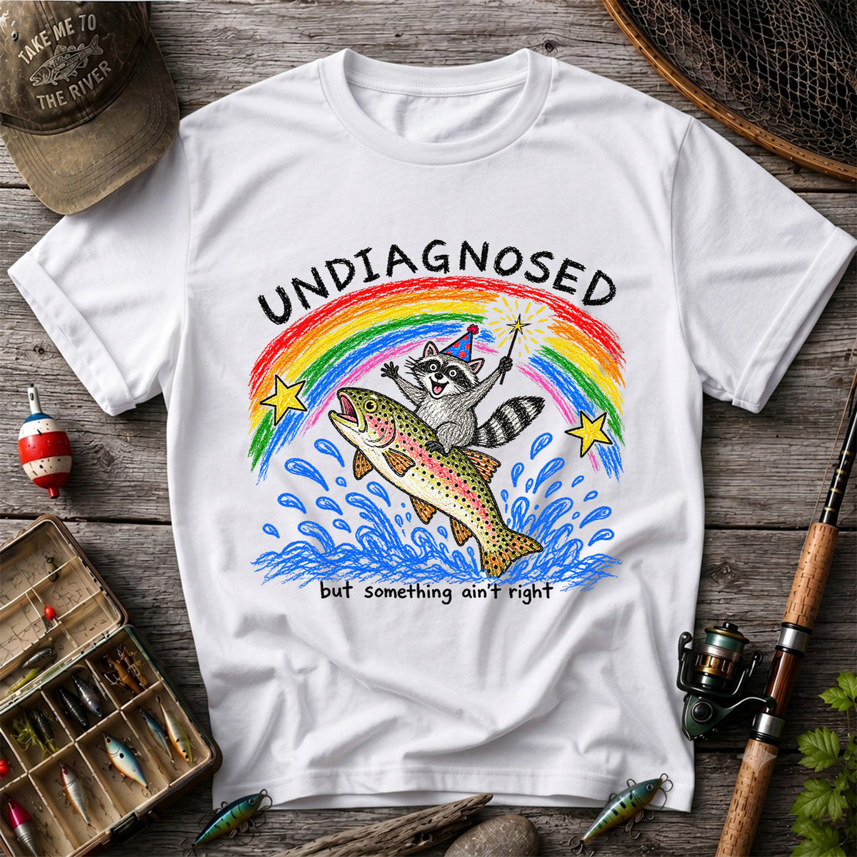 Undiagnosed But Something Ain't Right Raccoon Riding Trout T-Shirt